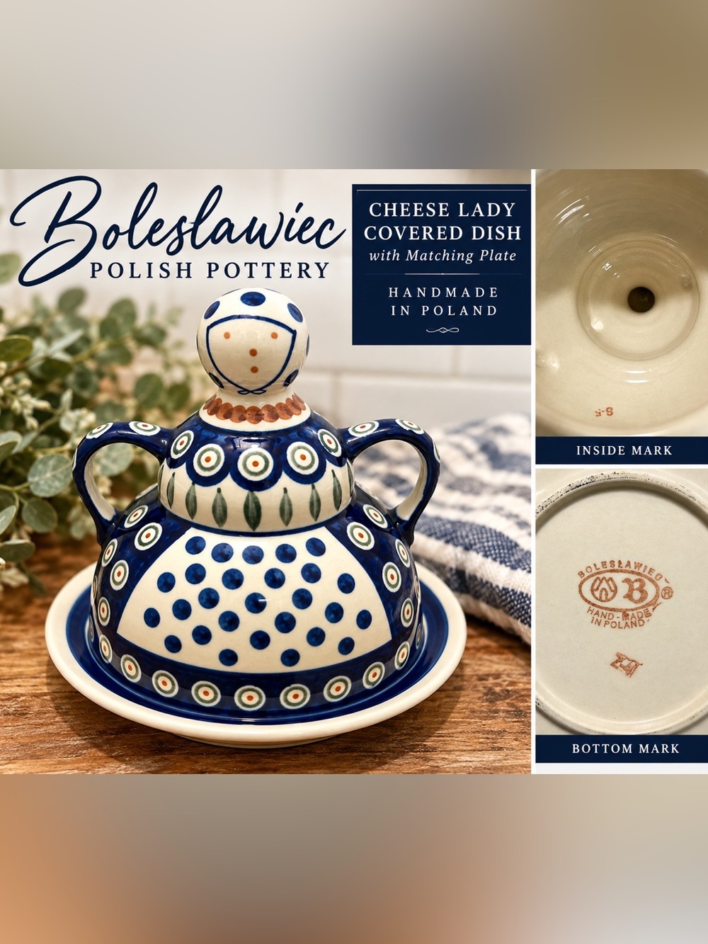 Vintage Boleslawiec Polish Pottery Cheese Lady Dish w/ Plate Handmade Poland